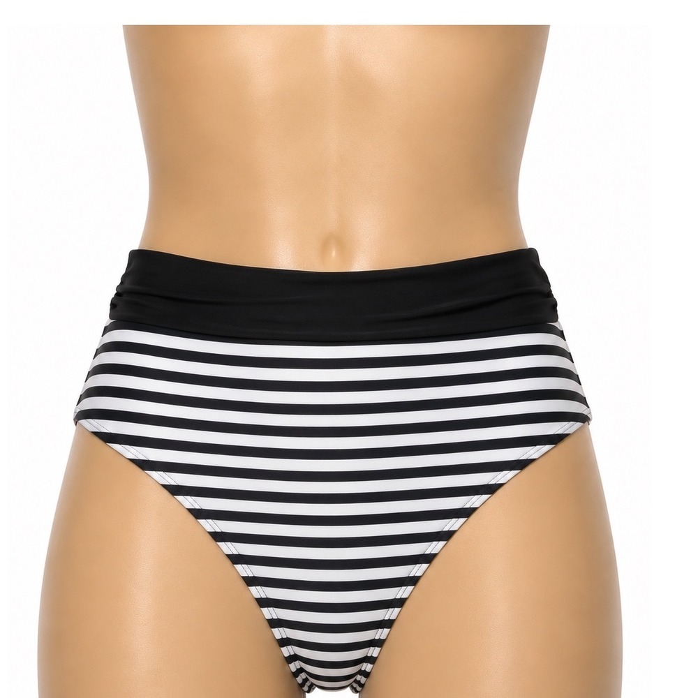 Avia Womens Black White Striped Bikini Bottoms Swim Beach Pool Size L 12-14 NWT